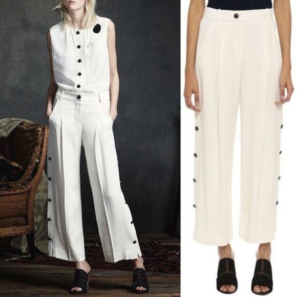 Maiyet Pants - Maiyet Off White Cropped Button Pants Tuxedo Side